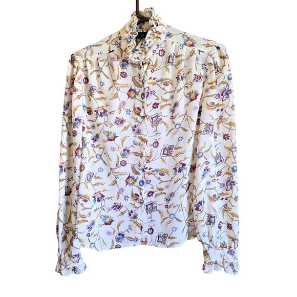 Vintage Tomboy Floral Ruffle Neck Button Front Blouse - Picture 1 of 6